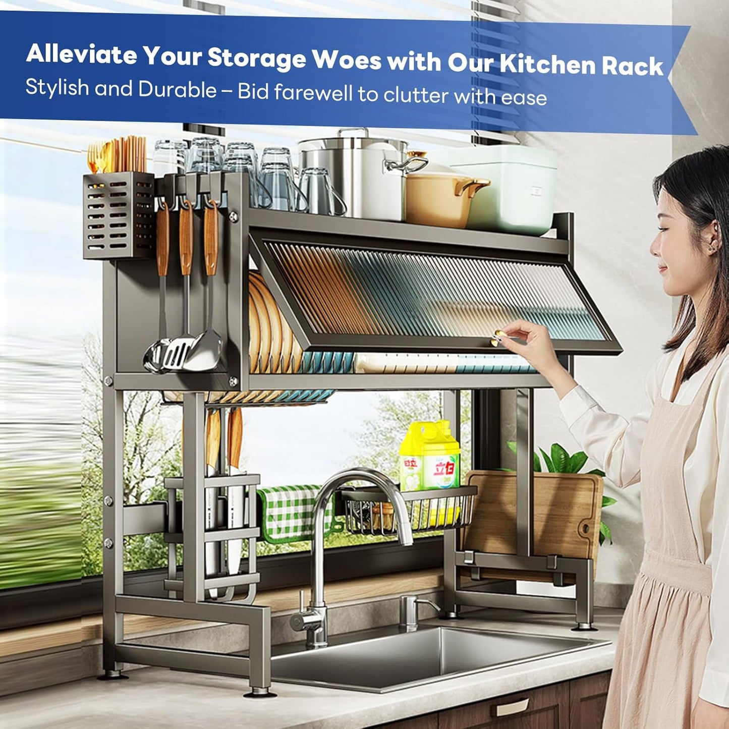 Kitchen Dishes Over Sink Rack -Transparent Cabinet
