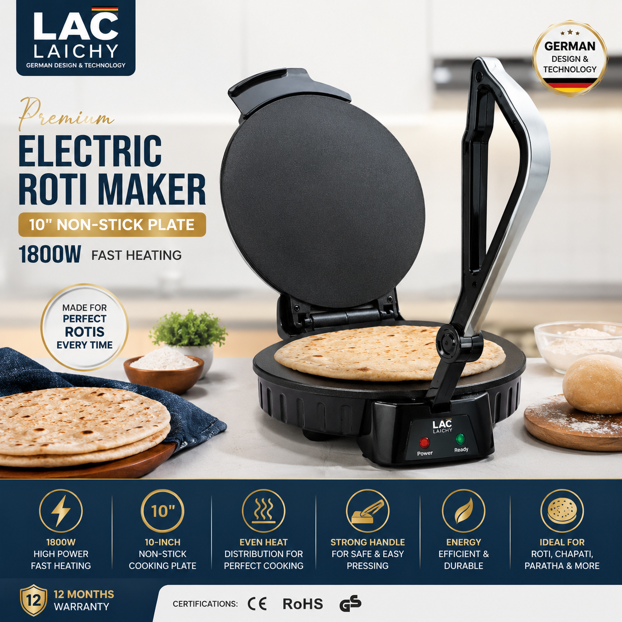Premium Electric Roti Maker  10" Non-Stick Plate | 1800W Fast Heating