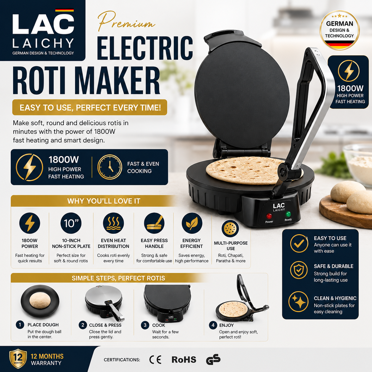 Premium Electric Roti Maker  10" Non-Stick Plate | 1800W Fast Heating