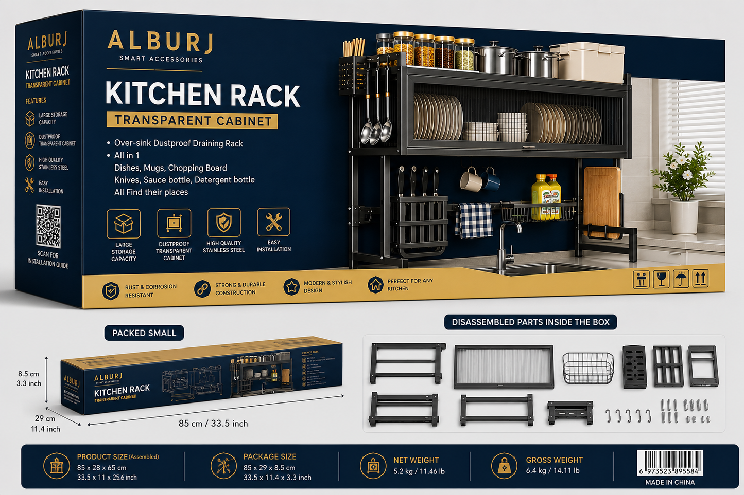Kitchen Dishes Over Sink Rack -Transparent Cabinet